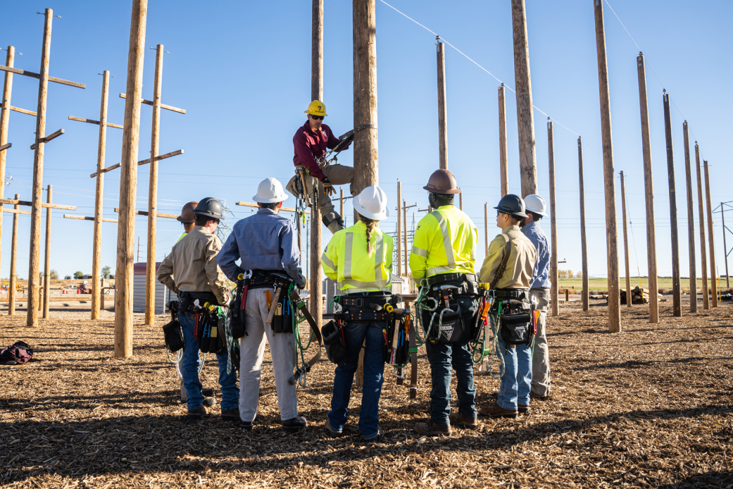 NLC instructor on a wooden pole, teaching a group of apprentices in a training yard at NLC.