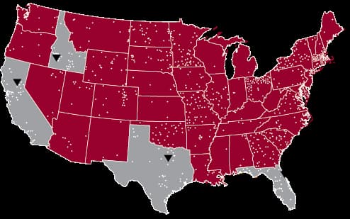 US map highlighting NLC campuses in gray