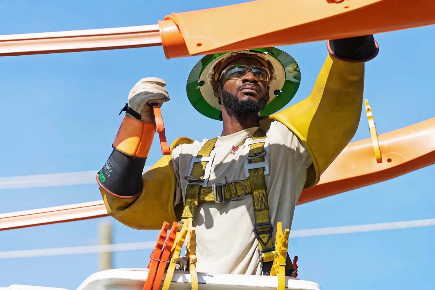 Lineman working hot line with cover-up.
